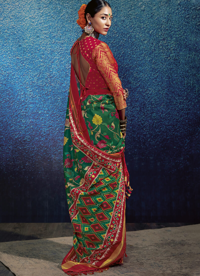 Red and Green Kalamkari and Patola Print Traditional Silk Saree - nirshaa