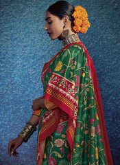 Red and Green Kalamkari and Patola Print Traditional Silk Saree - nirshaa
