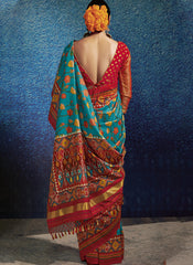 Firozi and Red Kalamkari and Patola Print Traditional Silk Saree - nirshaa