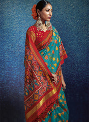 Firozi and Red Kalamkari and Patola Print Traditional Silk Saree - nirshaa
