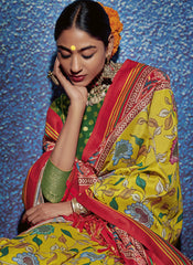 Yellow , Red and Green Kalamkari and Patola Print Traditional Silk Saree - nirshaa