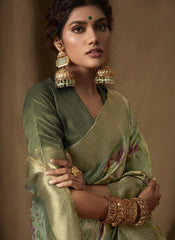 Greyish Green Digital Printed Banarasi Tissue Jacquard Saree