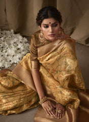 Goldenish Yellow Digital Printed Banarasi Tissue Jacquard Saree