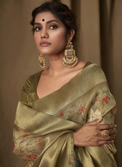 Goldenish Green Digital Printed Banarasi Tissue Jacquard Saree