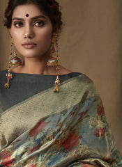 Greyish Blue Digital Printed Banarasi Tissue Jacquard Saree