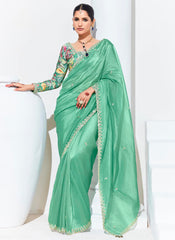 Sea Green Embroidered Organza Saree