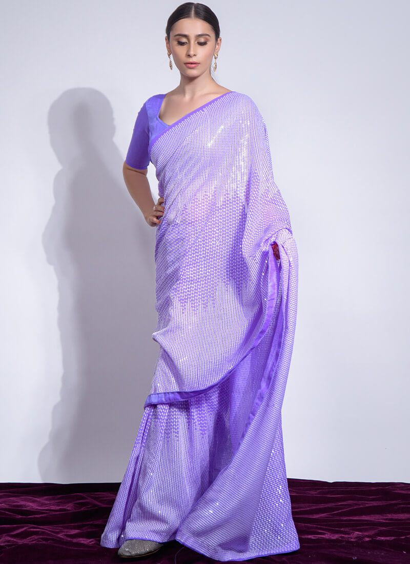 Purple Sequins Gerogette Party Wear Saree - nirshaa