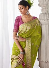 Woven Green and Pink Kora Silk Saree