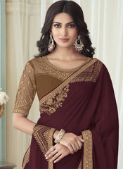 Maroon and Brown Embroidered Silk Saree - nirshaa