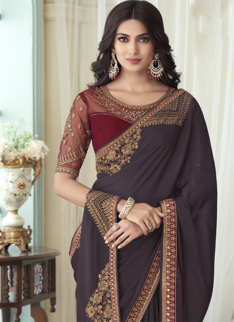 Greyish Purple and Maroon Embroidered Silk Saree - nirshaa