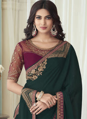 Dark Green and Maroon Embroidered Silk Saree - nirshaa