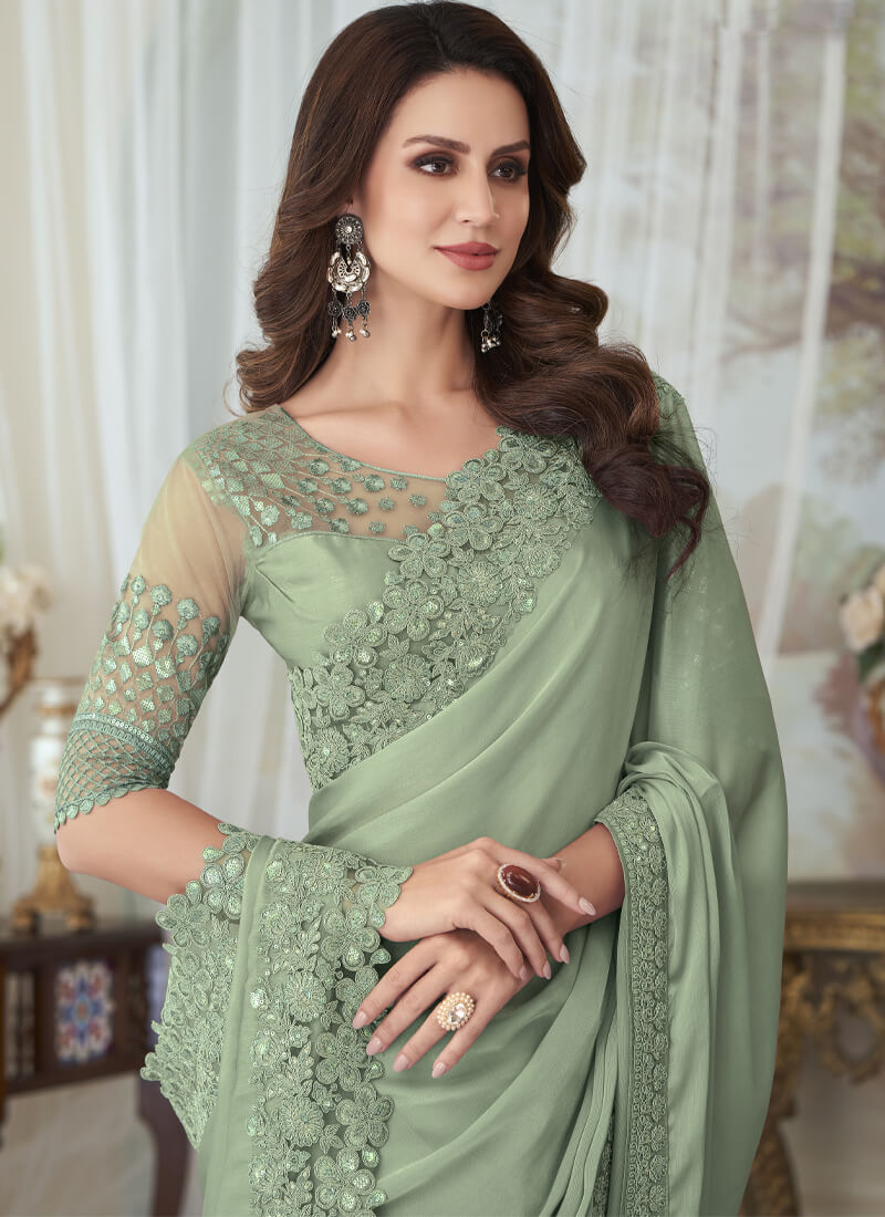 Dusty Green Embellished Fancy Georgette Saree - nirshaa