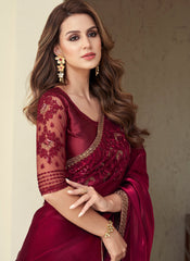 Maroon Embroidered Glass and Soft Silk Saree