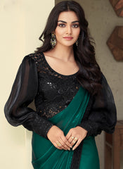 Rama Green and Black Party Wear Glass and Soft Silk Saree