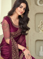 Wine-Purple Party Wear Shimmer Silk Saree