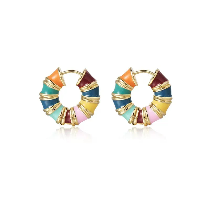 French Romantic Retro Color Enamel Round Gold Color Ear Buckle New Hoop Earrings - nirshaa