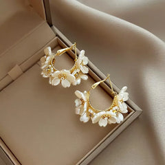 Fashion White Shell Flower Pearl Hoop Earrings for Women - nirshaa