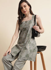 Grey Ready to Wear Printed Cotton Kurti with Pants