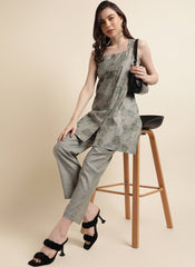 Grey Ready to Wear Printed Cotton Kurti with Pants