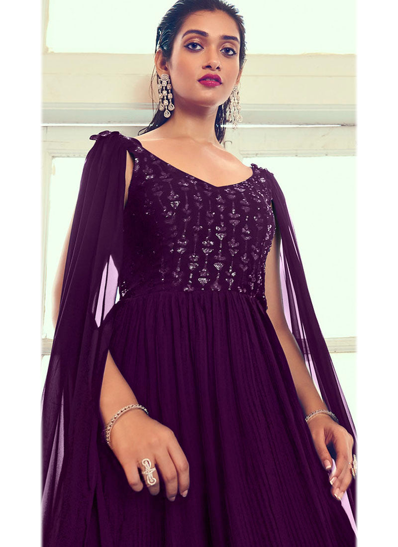 Attractive Purple Ready to Wear Georgette Indowestern Gown - nirshaa