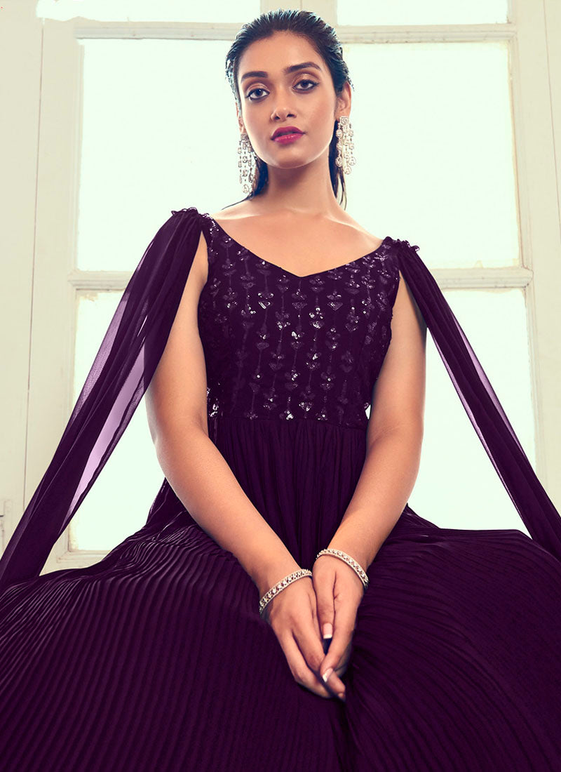 Attractive Purple Ready to Wear Georgette Indowestern Gown - nirshaa