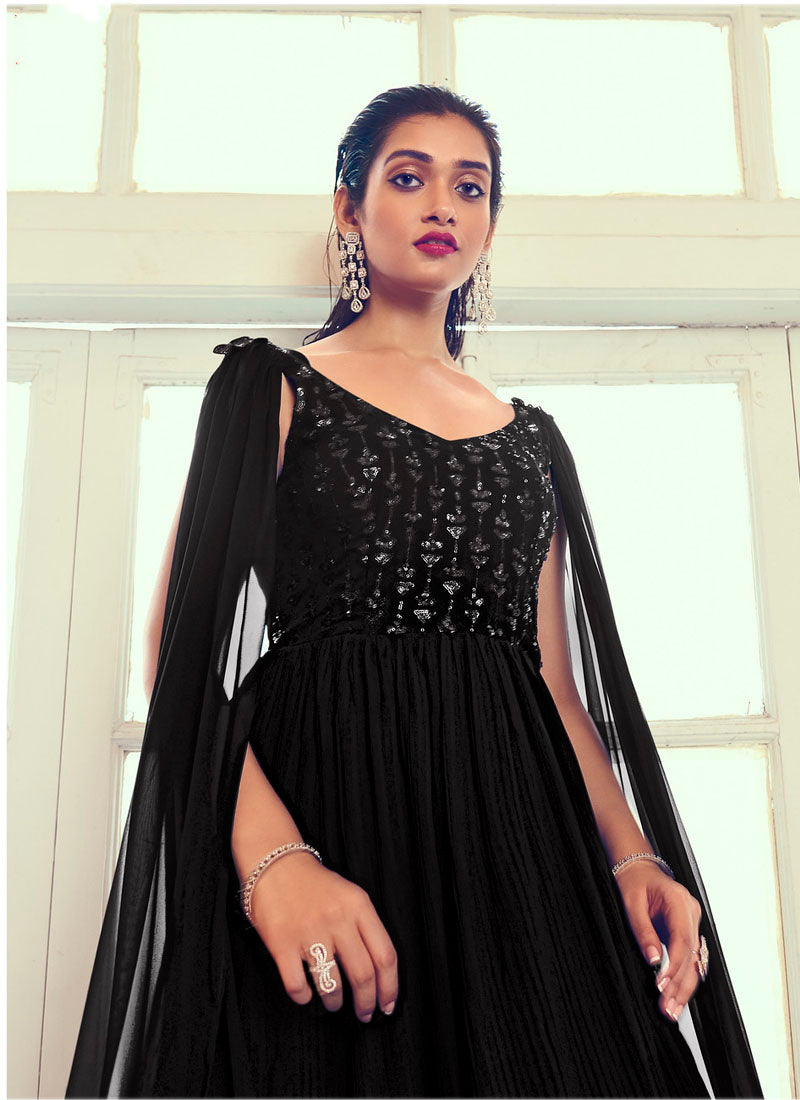 Bold Black Ready to Wear Georgette Indowestern Gown - nirshaa