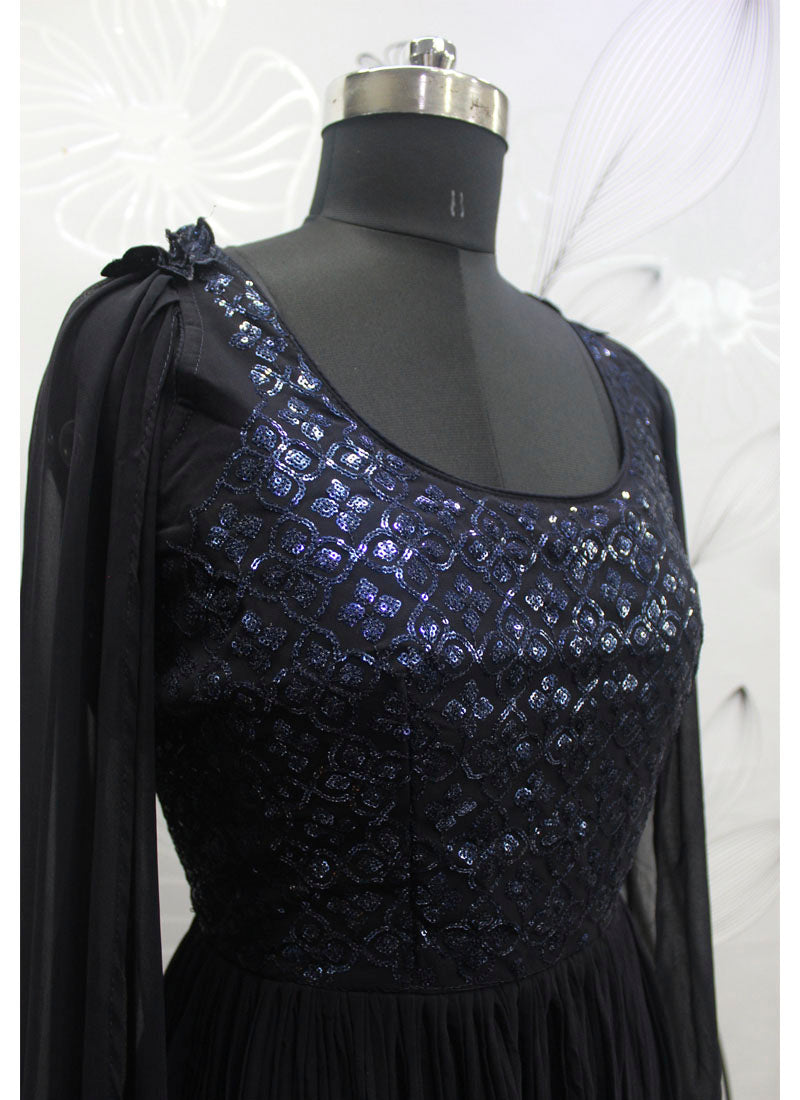 Magnificient Navy Blue Ready to Wear Georgette Indowestern Gown - nirshaa