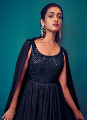 Magnificient Navy Blue Ready to Wear Georgette Indowestern Gown - nirshaa