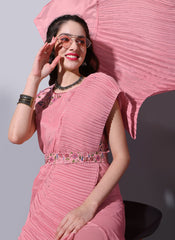 Pink Pleated Chiffon Saree