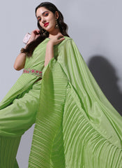 Green Pleated Chiffon Saree