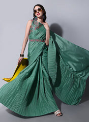 Teal Pleated Chiffon Saree