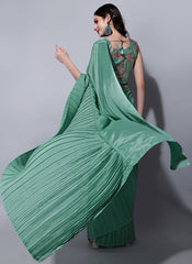 Teal Pleated Chiffon Saree