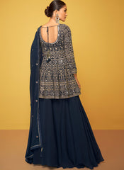 Navy Blue Embroidered Georgette Anarkali with Palazzo