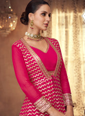 Hot Pink Embroidered Georgette Jacket style Suit