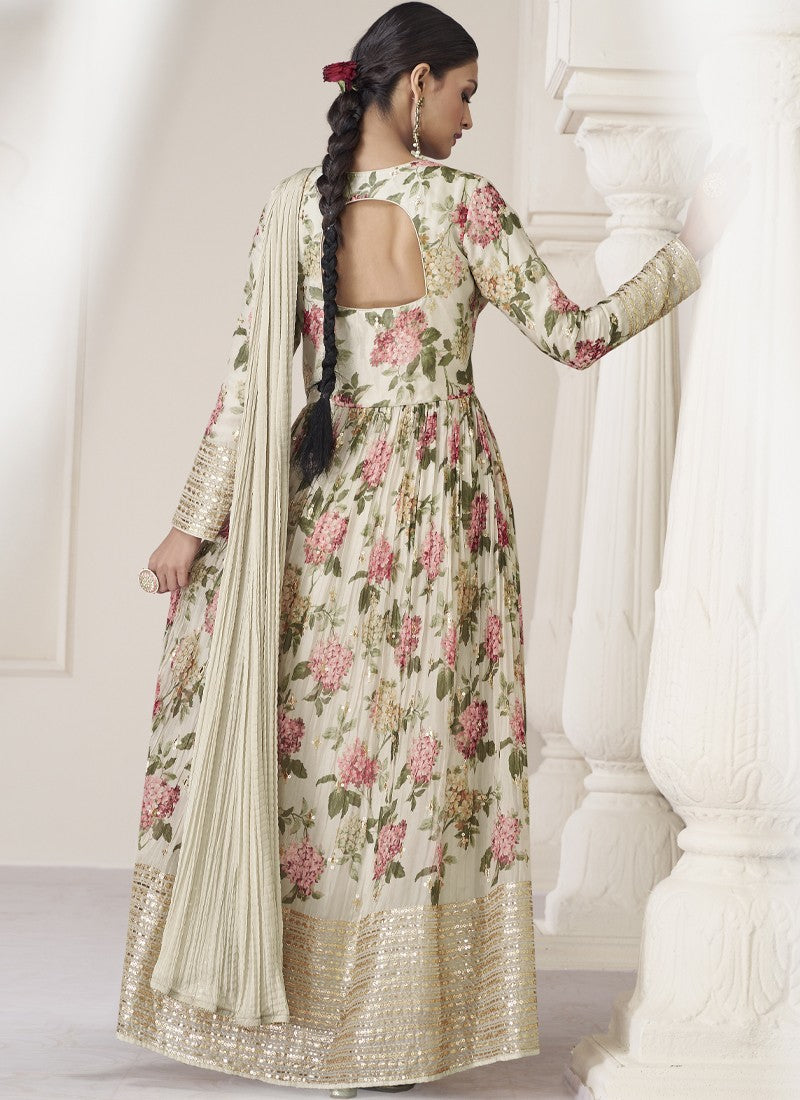 Gorgeous Cream Floral Printed Organza Silk Anarkali Suit - nirshaa