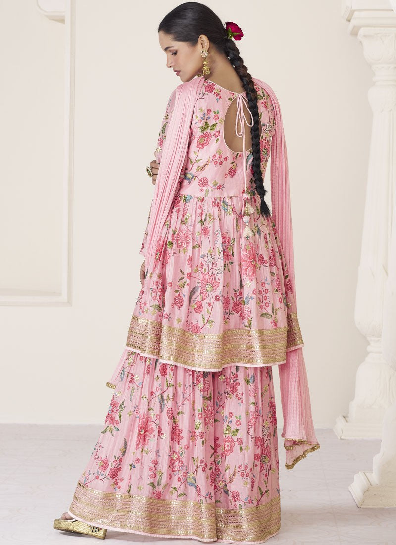 Pristine Pink Floral Printed Organza Silk Anrakli Suit with Sharara - nirshaa