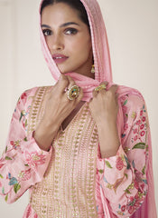 Pristine Pink Floral Printed Organza Silk Anrakli Suit with Sharara - nirshaa