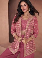 Mauve-Pink Ready to wear Chinon Silk Indowesern Suit