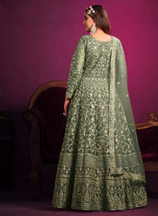 Dusty Green Party Wear Net Anarkali Style Suit