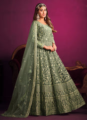 Dusty Green Party Wear Net Anarkali Style Suit