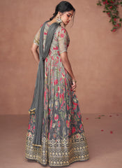 Shaded Grey and Blue Party Wear Organza Silk Anarkali Suit