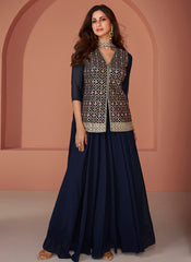 Navy Blue Ready to Wear Georgette Indowestern Outfit