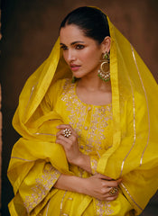 Yellow Party Wear Premium Silk Salwar Kameez with Dhoti Style Pants