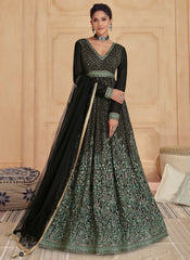 Black-Green Thread and Sequins Embroidered Georgette Anarkali Suit