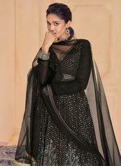 Black-Green Thread and Sequins Embroidered Georgette Anarkali Suit