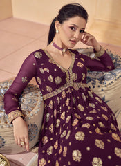 Purple Thread and Sequins Embroidered Georgette Anarkali Suit