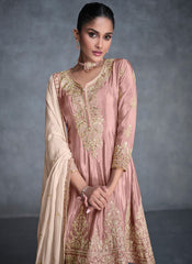 Peach and Cream Embroidered Organza Silk Suit