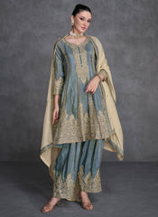 Grey and Beige Embroidered Organza Silk Suit