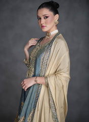 Grey and Beige Embroidered Organza Silk Suit