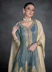 Grey and Beige Embroidered Organza Silk Suit